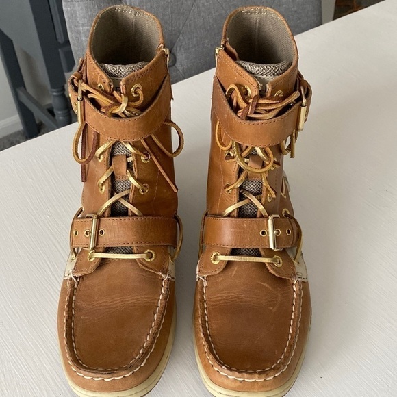 Sperry Top Sider Leather Upper Boots Gold Laces Lace Up Double Buckle Like New - Picture 8 of 17